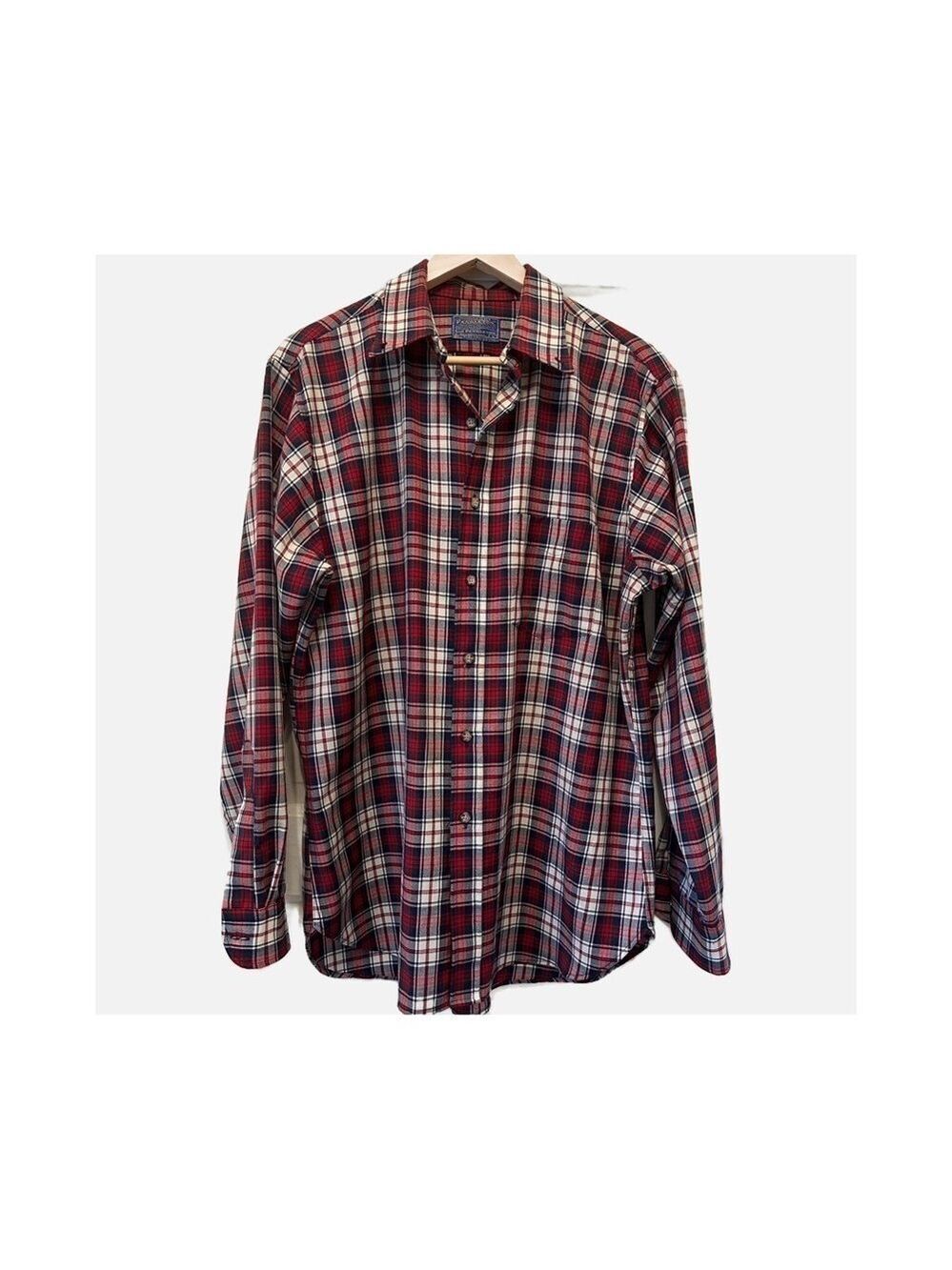 Vintage Pendleton Shirt Mens Large Red Green Blue Plaid Virgin Wool USA *Flaw*